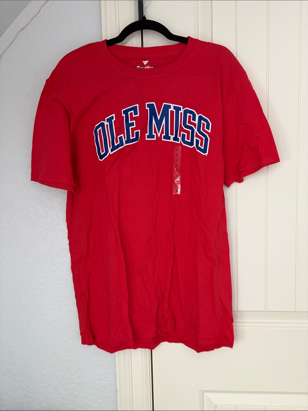 Fanatics Red Ole Miss Short Sleeve Tee with Blue and White Logo